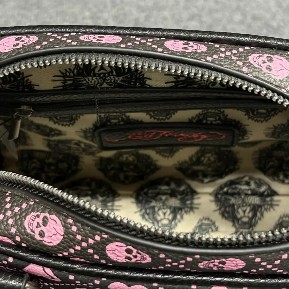 Ed Hardy Satchel Bag Womens Black Pink Skull Hearts Rhinestone Vegan NWT Rock